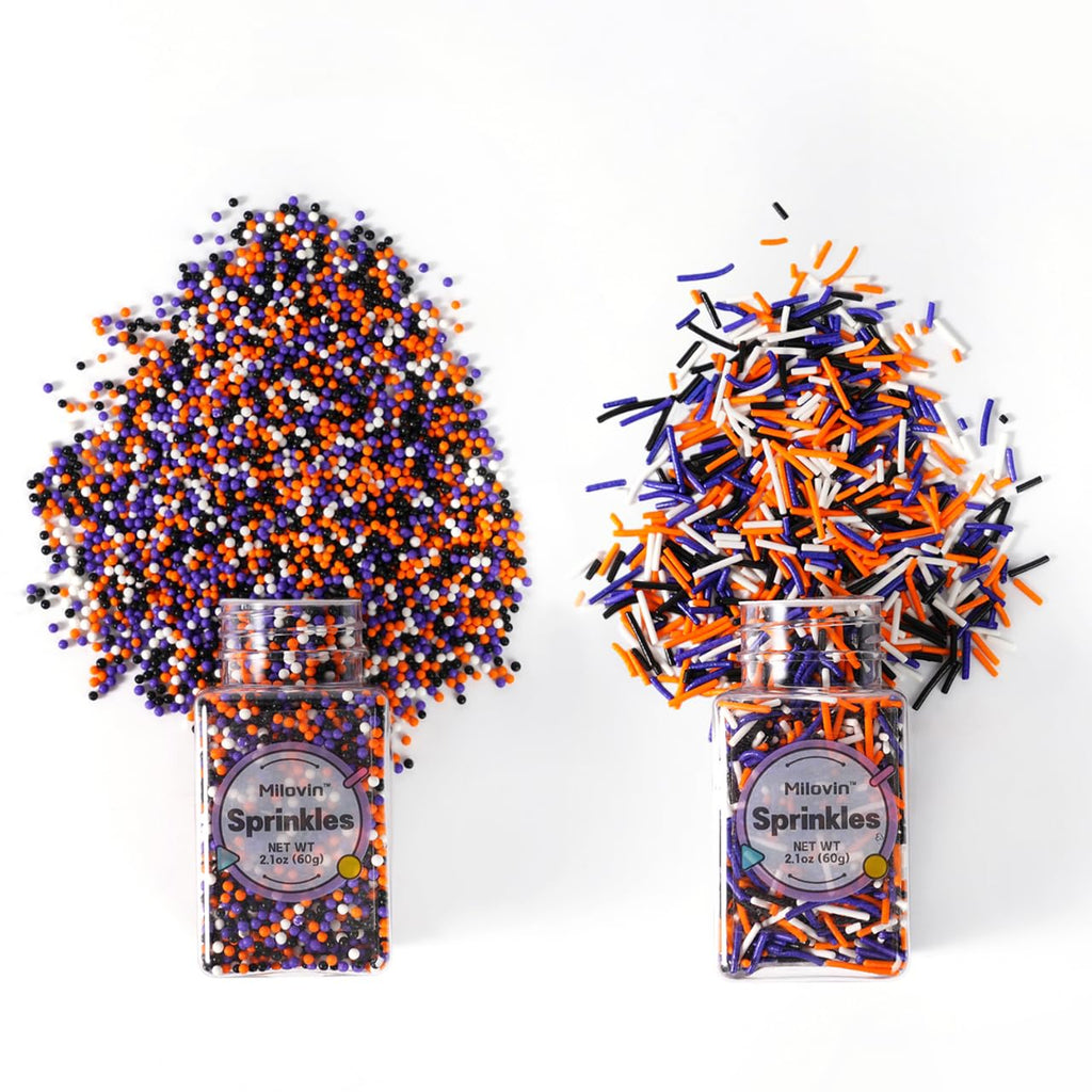 Edible Halloween Sprinkles for Cake Decorating, Halloween Jimmies Sprinkle, Nonpareils Sprinkle, White, Orange, Purple, and Black Sprinkles for Cupcakes, Macarons, Ice Cream, and Cookies