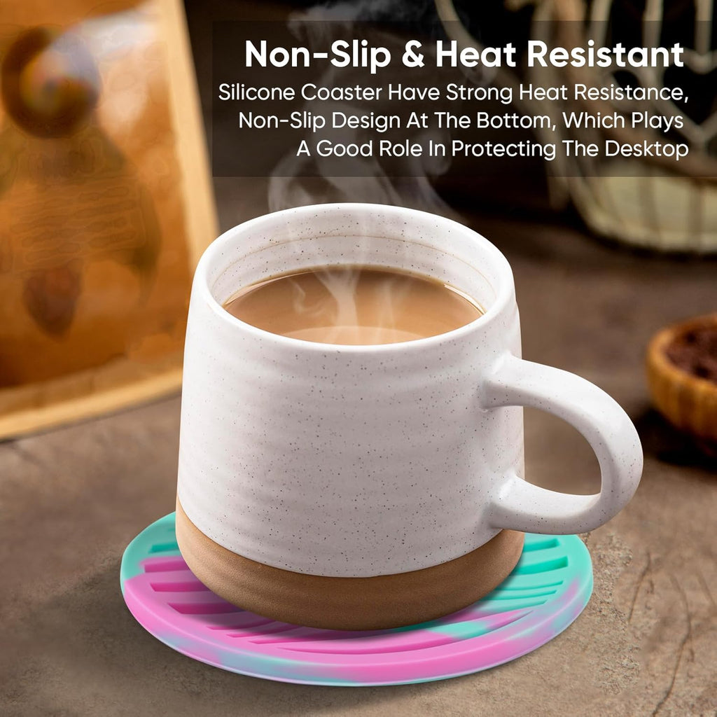 6 Pack Drink Coasters,Plastic Coaster with Holder,Non-Slip Silicone Cup Mat,Rubber Coasters Live for Hot or Cold Drink,Fits Any Size of Cups(Green Pink)