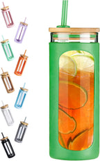 Kodrine 20oz Glass Tumbler with Straw and Lid, Iced Coffee Cups with Bamboo Lids, Glass Cups for Cold Drinks, Smoothie Cup with Silicone Sleeve for Travel, Work, BPA FREE-SpringGreen
