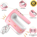 CBQ Hand Mixer Electric, 5-Speed 400W Powerful Motor, Hand Mixer Electric Handheld with Storage Case, Turbo Boost and 5x Accessories, Flat Beaters, Dough Hooks, Whisk (Pink)