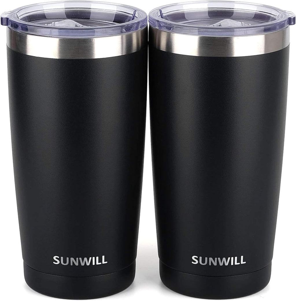 SUNWILL Travel Coffee Mug with Lid, 20 oz Tumbler Set of 2, Insulated Stainless Steel Cup for Water, Tea, Ice, Powder Coated Black 2 pack
