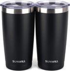 SUNWILL Travel Coffee Mug with Lid, 20 oz Tumbler Set of 2, Insulated Stainless Steel Cup for Water, Tea, Ice, Powder Coated Black 2 pack