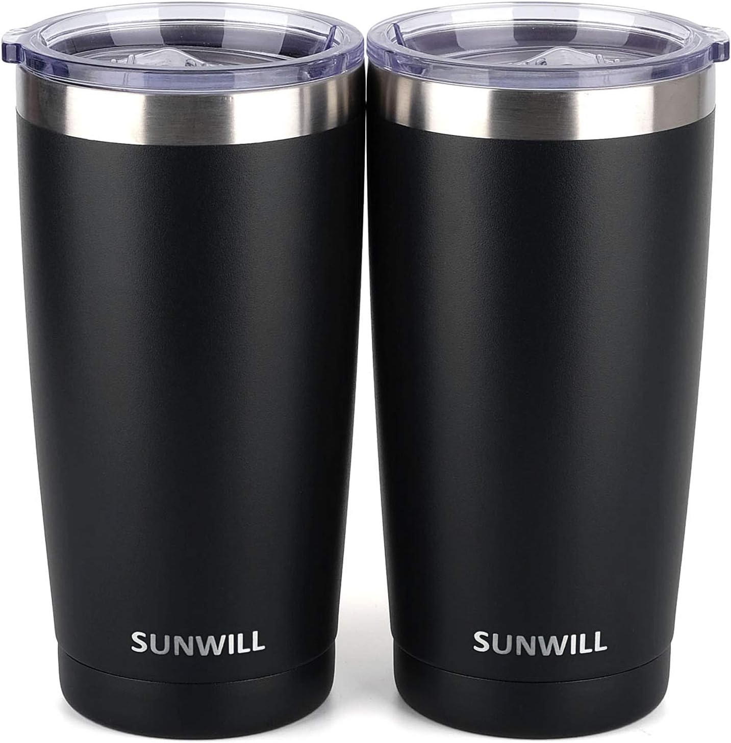SUNWILL Travel Coffee Mug with Lid, 20 oz Tumbler Set of 2, Insulated Stainless Steel Cup for Water, Tea, Ice, Powder Coated Black 2 pack