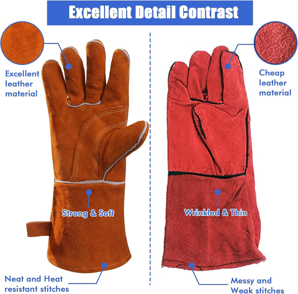 QeeLink Welding Gloves - Heat Resistant Leather and Fireproof Stitching for Fireplace Fire Pit Wood Stove BBQ Gardening Gear