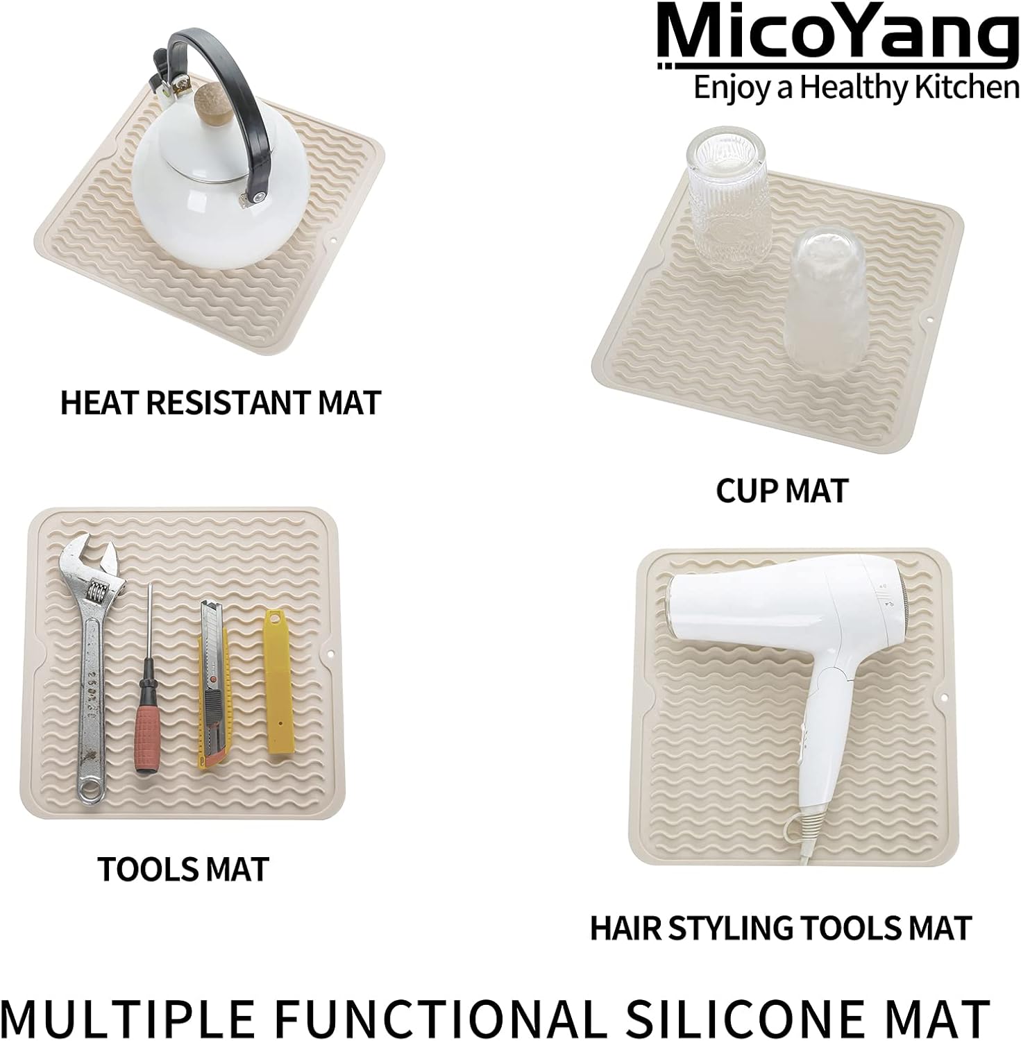 Silicone Dish Drying Mat for Multiple Usage,Easy clean,Eco-friendly,Heat-resistant Silicone Mat for Kitchen Counter or Sink,Refrigerator or Drawer liner Tapioca M 12 inches x 12 inches