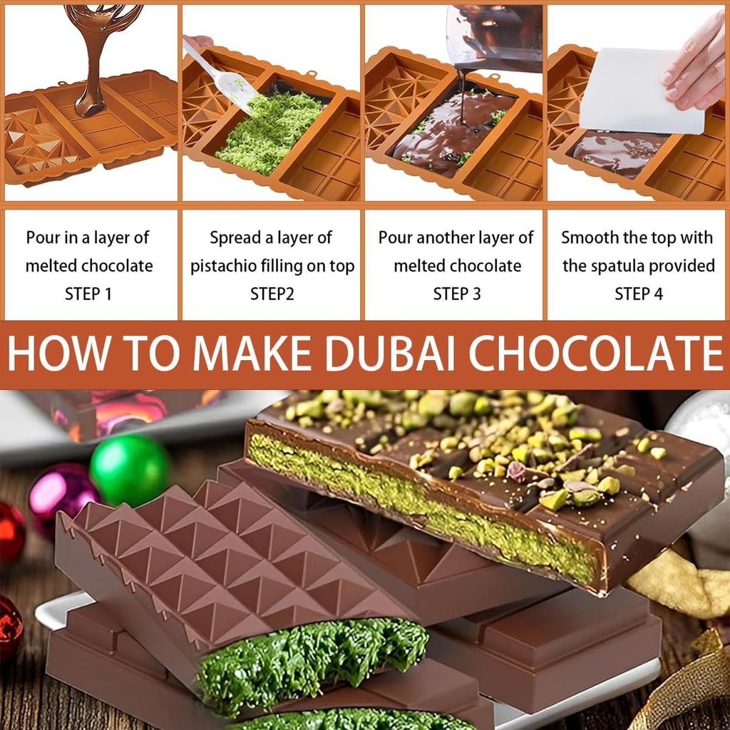 Dubai Chocolate Bar Mold - 3 Different Shapes, 1 Inch Deep Chocolate Molds Silicone,Large And Thick Candy Bar Baking Molds - Set of 2