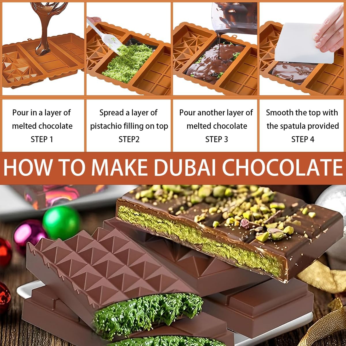 Dubai Chocolate Bar Mold - 3 Different Shapes, 1 Inch Deep Chocolate Molds Silicone,Large And Thick Candy Bar Baking Molds - Set of 2