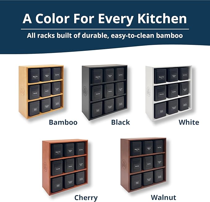 AllSpice Tea Organizer Rack with 9 Tins & 160 Magnetic Labels – Perfect for Bagged & Loose Leaf Tea Organization - Bamboo