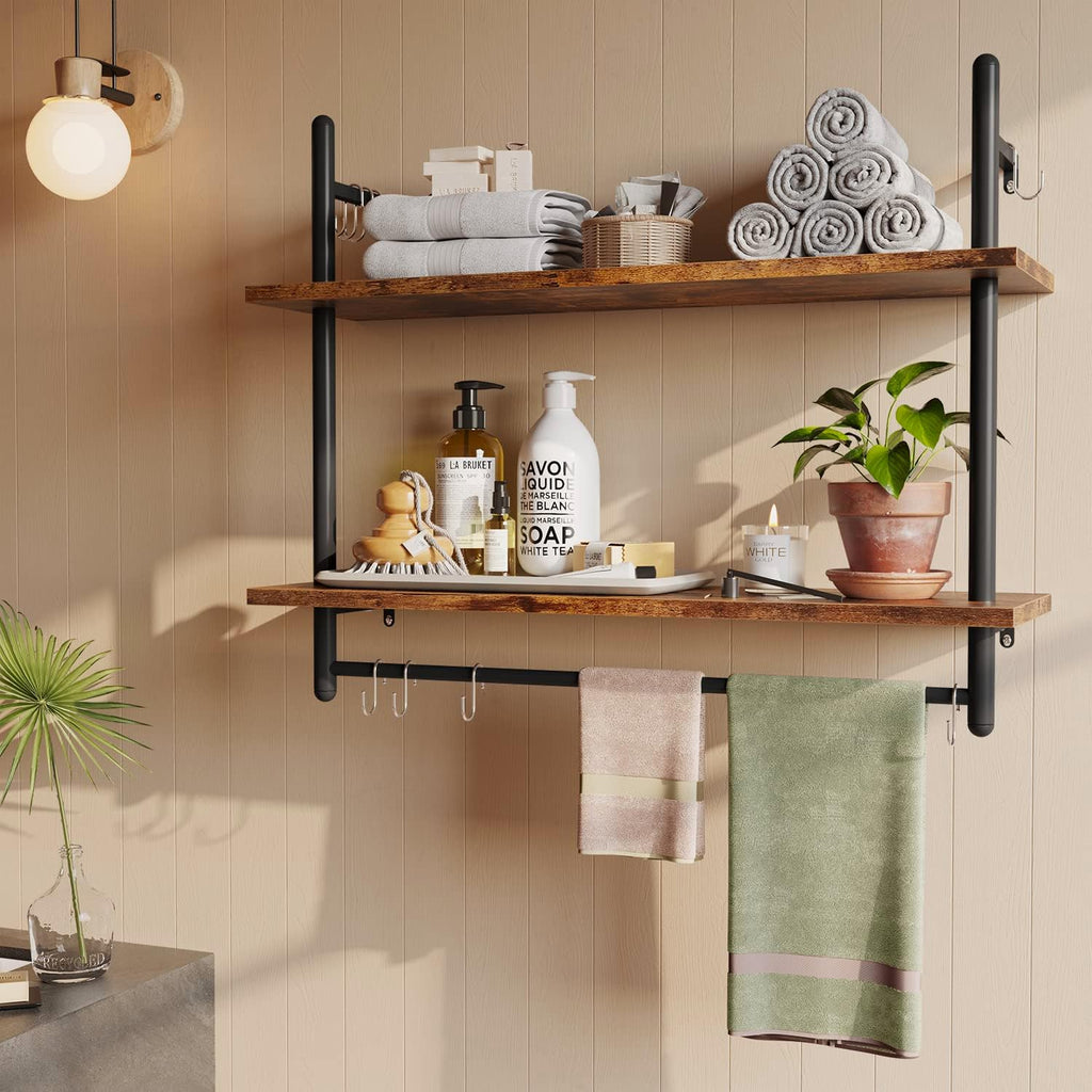Bestier Pipe Shelf Industrial Floating Shelving 31" Kitchen Wall-Mounted Shelf with Towel Bar Hooks Coffee Bar Shelves Wine Hanging Display Rack Bookshelf Living Room Decor Bathroom-Rustic Brown