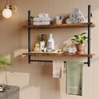 Bestier Pipe Shelf Industrial Floating Shelving 31" Kitchen Wall-Mounted Shelf with Towel Bar Hooks Coffee Bar Shelves Wine Hanging Display Rack Bookshelf Living Room Decor Bathroom-Rustic Brown