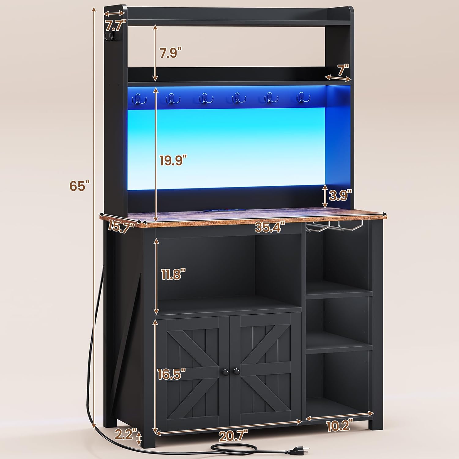 Itaar 35.4 inch Coffee Bar Cabinet, Bakers Rack with Power Outlet and Storage, Farmhouse Microwave Stand Kitchen Cabinet with Hutch, LED Lights, Wine Glass Holder and 8 Hooks, Black