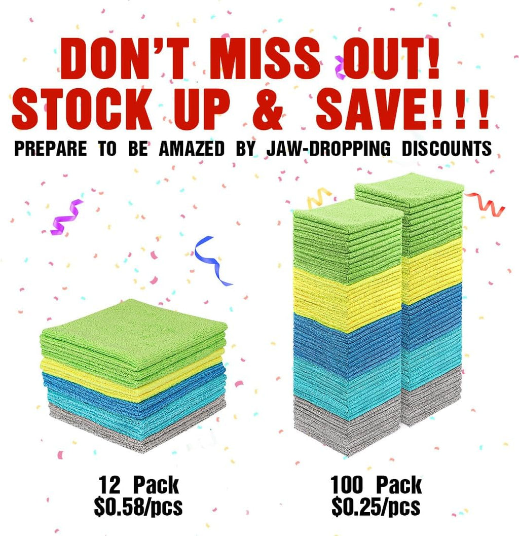 HOMEXCEL Microfiber Cleaning Cloths 100 Pack, Highly Absorbent Microfiber Towels, Lint & Scratch-Free Cleaning Rags for House, Kitchen and Car, Multi-Color Microfiber Towels for Car 11.5 x 11.5 inch