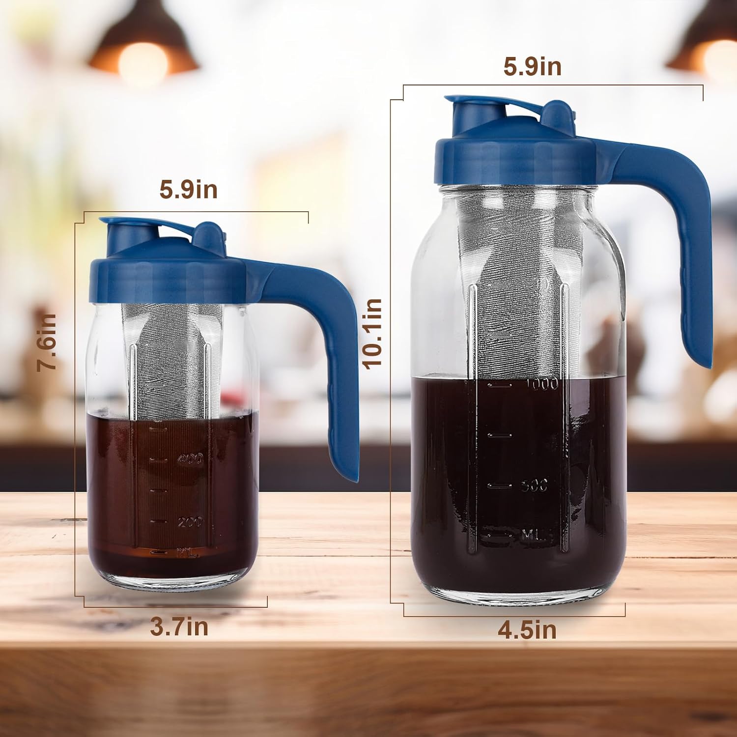 Cold Brew Coffee Maker Pitcher,32 Oz Glass Mason Jar Pitcher with V-shaped Pour Spout Handle Lid,Stainless Steel Filter for Iced Coffee,Iced tea,Breast Milk,Fruit Drinks,lemonade-Blue