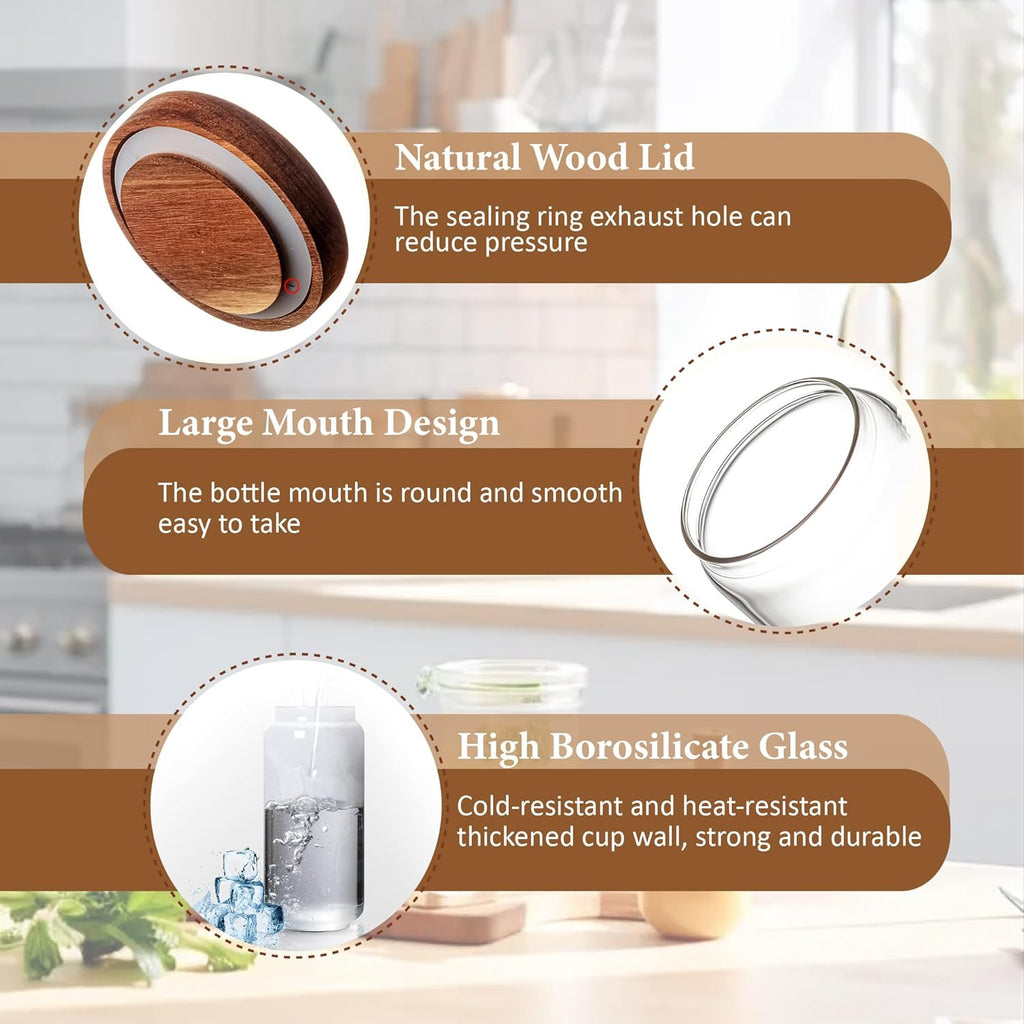 960ML/32Oz Clear Cute Glass Storage Canister Holder with Stackable Airtight Wood Lid, Modern Decorative Container Jar for Coffee, Spice, Candy, Salt, Cookie, Condiment, Pepper, Sugar