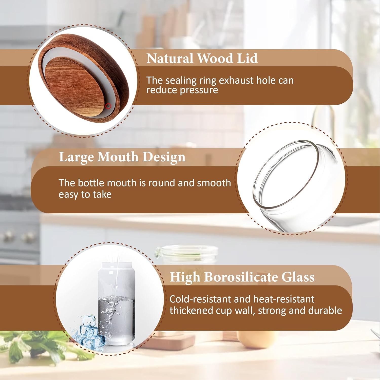 300ML/10Oz Clear Cute Glass Storage Canister Holder with Stackable Airtight Wood Lid, Modern Decorative Small Container Jar for Coffee, Spice, Candy, Salt, Cookie, Condiment, Pepper, Sugar