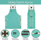 Kitchen Apron, Work Apron, Canvas, Multiple Pockets, Gardening, Painting, BBQ, Artist, Carpenter, Sizes M to XXL, Ice Blue