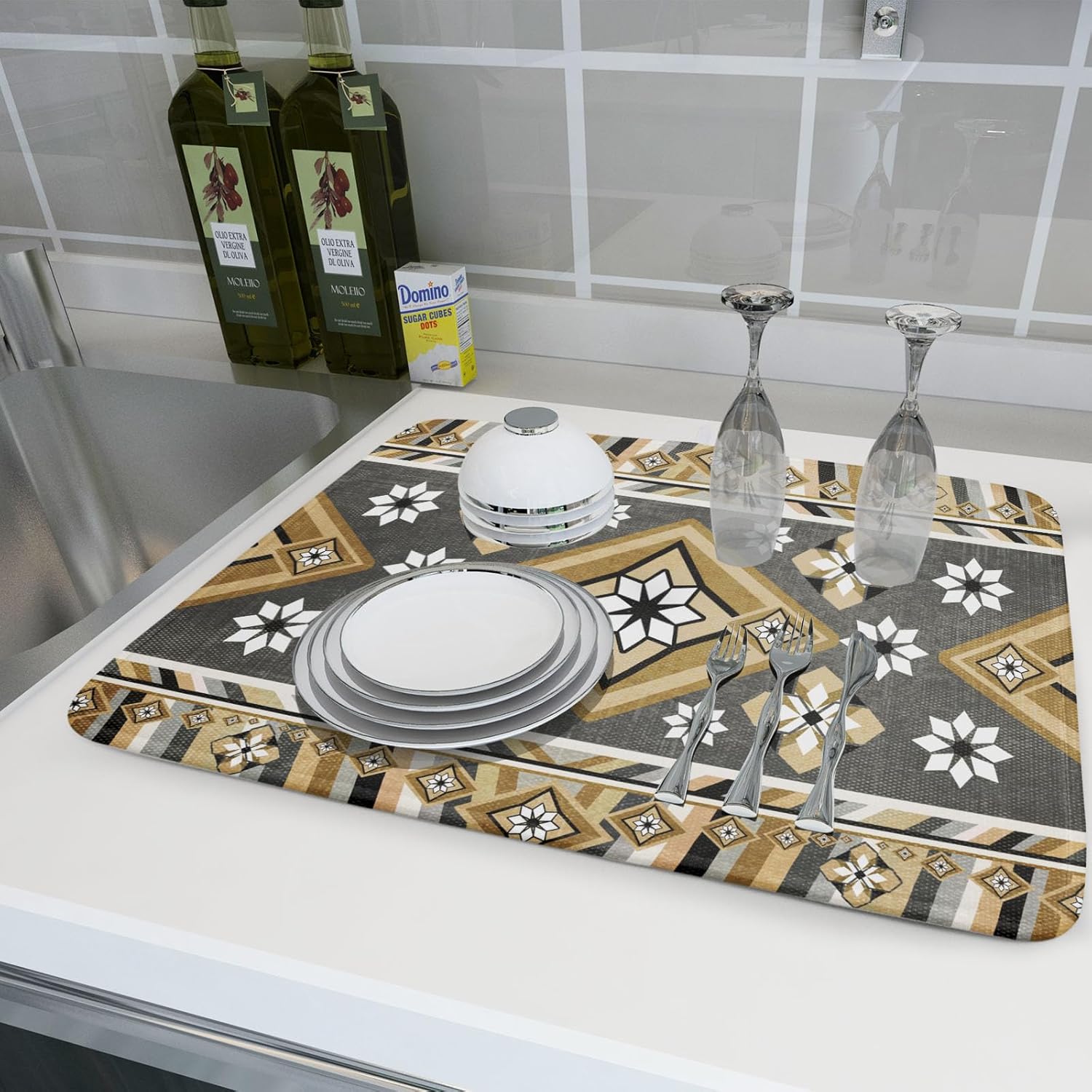 Boho Yellow Gray Aztec Dish Drying Mat for Kitchen Counter,Native American Tribal Aztec Ethnic Boho Style Drying Mat 18 x 24 Inch Microfiber Dish Drying Pad Dish Rack Pad Drainer Mat for Coffee Bar
