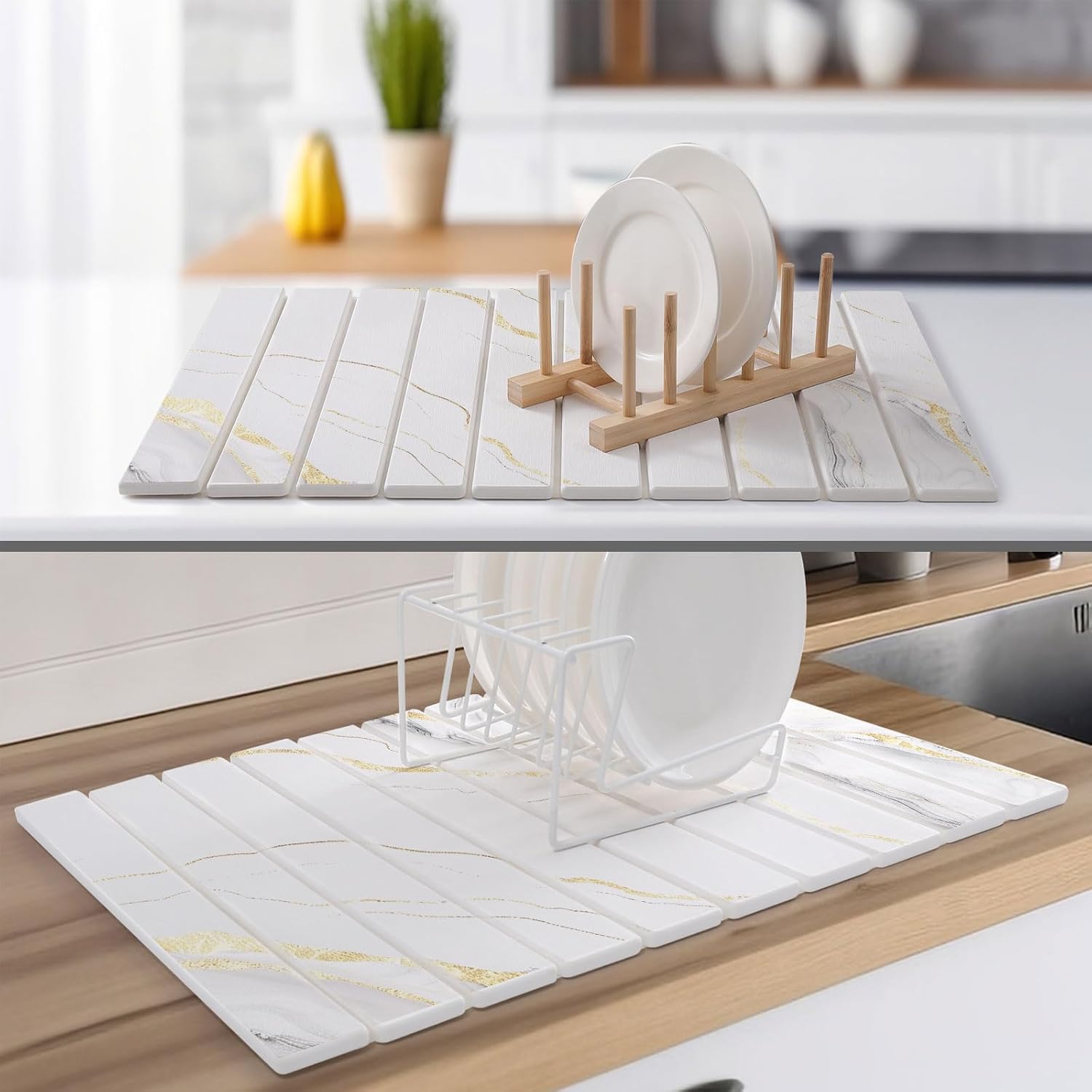 2 PCS Large Stone Dish Drying Mat for Kitchen Counter, , Marbled Water Absorbing Diatomaceous Earth Drying Pad for Countertop Bottles Utensils Cups 24"x16"& 8"x4"