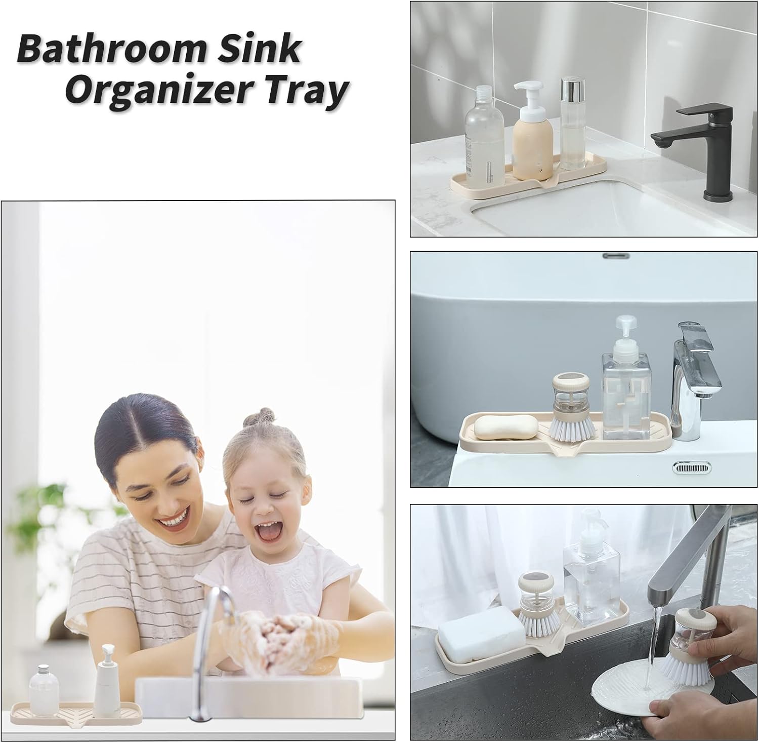 Silicone Bathroom Soap Dishes with Drain Spout-Bathroom and Kitchen Sink Organizer,Sponge Holder,Dish Soap Tray,Perfect for Dispenser,Scrubber,Bottle,Cup on Sink or Counter-Tapioca 12"×4"