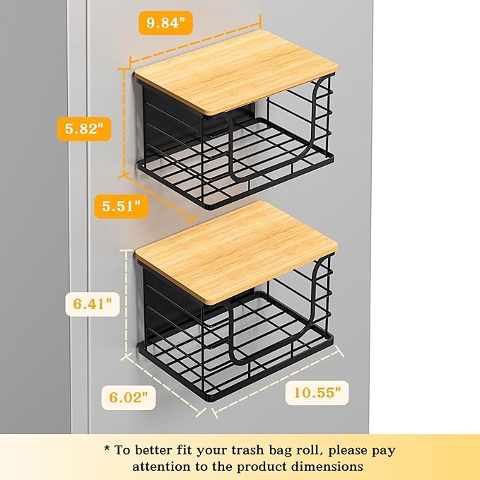 Ofiray-home Magnetic Shelf for Fridge Trash Bag Storage, 1 Pack Stackable Garbage Bag Holder with Bamboo Lid, Magnetic Storage Bin for Refrigerator, Under Sink, Kitchen Pantry Organization – Black