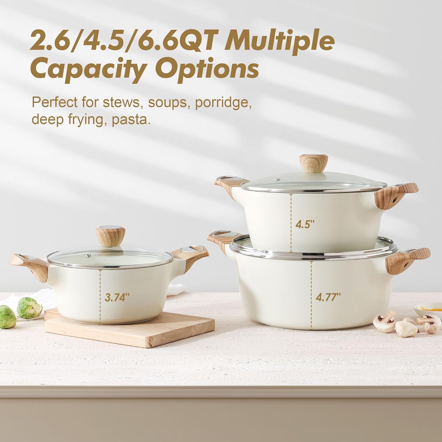 SENSARTE Ceramic Nonstick Stock Pot with Lid, 2.6/4.5/6.6 QT Soup Pot Casserole Pot, Non-toxic Healthy Pasta Pot, Large Cooking Pot Stew Pot, Induction Compatible, PFOA PFAS PTFE Free, White