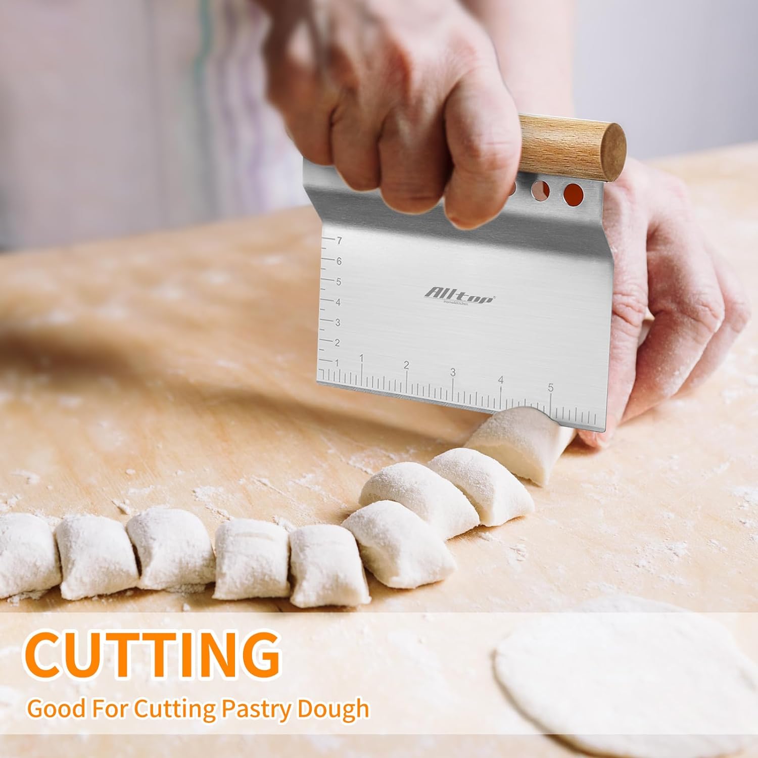ALLTOP Dough Bench Scraper/Cutter/Chopper Stainless Steel Blade with Herb Stripper,Multipurpose Kitchen Pastry Tool with Scale Ruler - Leaf Remover - 1 Pack
