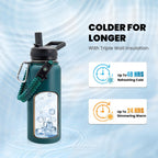 Insulated Water Bottle 32 oz, Triple Wall Vacuum Stainless Steel (Cold for 48 Hrs), Leak Proof & Non-BPA, Modern Water Flask Jug with Paracord Handle & Straw Spout Lids, Dark Green