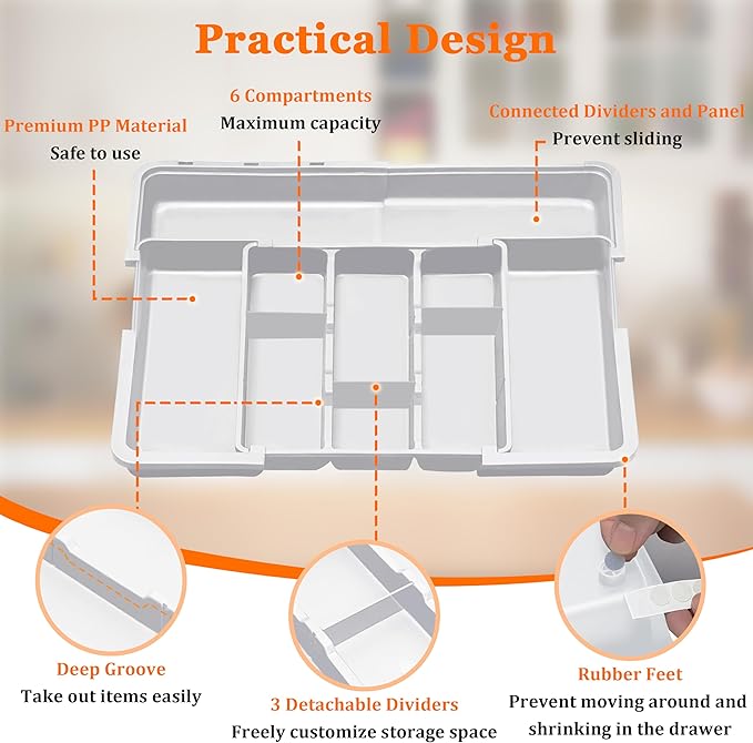 Large Utensil Drawer Organizer Expandable Silverware Organizer for Kitchen Drawer Adjustable Cooking Utensil Holder Cutlery Flatware Tray Spatula Tools Gadgets Storage Dividers Plastic White