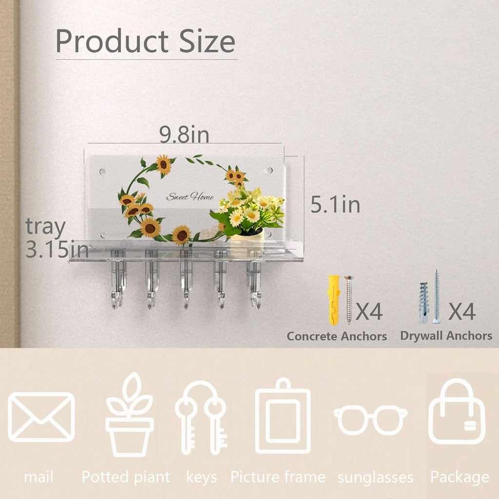Sunflower Key Holder Wall Mount, Transparent Acrylic Wall Mail Key Organizer Shelf with 5 Hooks Tray for Keys, Mail, Bags Home Decor Key Rack Hanger, Easy Install