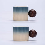 Ceramic Mini Espresso Cups Demitasse Cups with Round Wooden Handle Vertical Stripes Tea Cups (Beige&Blue, 2pcs)