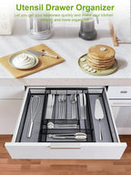 Silverware Organizer Metal Mesh, Large Drawer Organizer, Utensil Cutlery Tray for kitchen drawers, Expandable Flatware Organizer with 8 Compartment Black 11.6"~20" x 17.3"