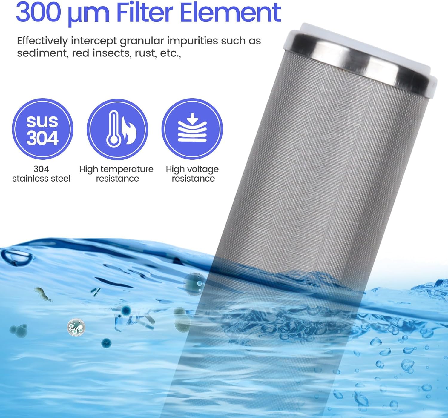 Amwater Stainless Steel Cleanable Wire Mesh Filter Cartridge 10”Length,2.5"OD(300 Micron)