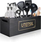 Utensil Holder Extra Large Utensil Organizer with 4 Compartments, Wooden Rustic Utensil Crocks for Kitchen Counter, Farmhouse Cooking Utensil Caddy Countertop Spatula Silverware Spoon Holder - Black
