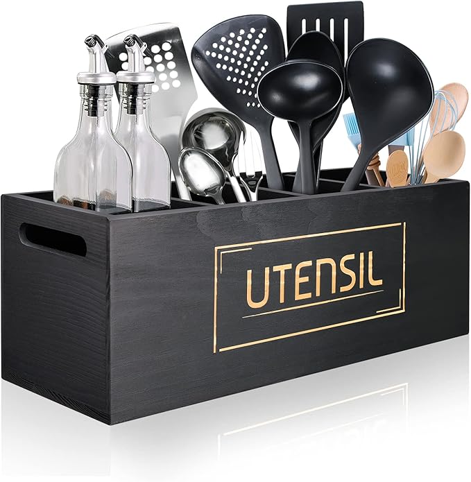Utensil Holder Extra Large Utensil Organizer with 4 Compartments, Wooden Rustic Utensil Crocks for Kitchen Counter, Farmhouse Cooking Utensil Caddy Countertop Spatula Silverware Spoon Holder - Black