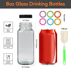 STARSIDE 8 oz Glass Juice Bottles with Lids 6 Pack - Square Reusable Drinking Jars for Juicing, Milk, Kombucha - Includes 1 Bottle Brush, 6 Colored Labels