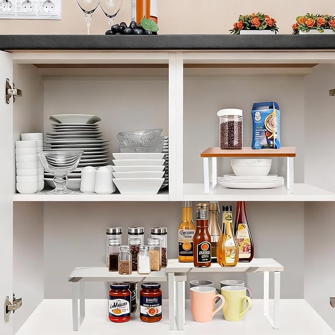 Cabinet Organizer Shelf, Set of 2 Expandable Kitchen Countertop Shelves with Spice Rack - Stackable Storage in Metal and Wood15.7 inches (White)