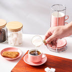 2.5 Ounce Porcelain Espresso Cups with Saucers and Silver Stand, Pink Stackable Cups Set of 4