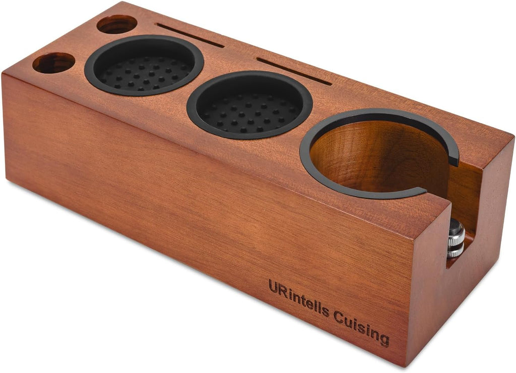 Espresso Tamping Station 8 in 1 Red Rosewood Multifunctional Coffee Organizer with Stainless Steel Drawer Fits 51, 54, 58mm Espresso Tamper, Portafilter, Distributor & Puck Screen Espresso Accessories