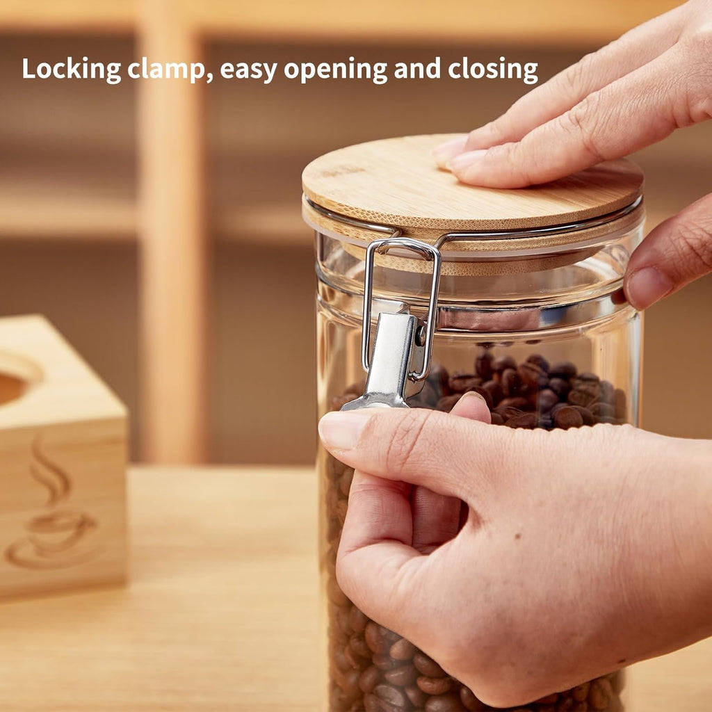 Coffee Canister Set with Shelf, 2 x 50oz Coffee Bean Canister Storage Station Organizer with Airtight Lid for Kitchen, Food Storage with Scoop for Ground, Sugar, Cereal and Tea