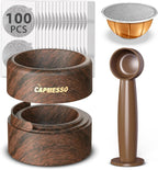Reusable Vertuo Pod Refill Kit for Nespresso: Reusable Vertuo Capsule for Nespresso/Coffee Pods Vertuoline with 100 Aluminum Foil Lids for Any Size of Vertuo Plus Espresso Pod- Wood Grain Holder