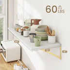 Dreamland White and Gold Shelves,36 inch Shelf, Large Floating Shelf 12 inch Deep Set of 2 for Bookshelf Living Room Bedroom Home Office Bathroom