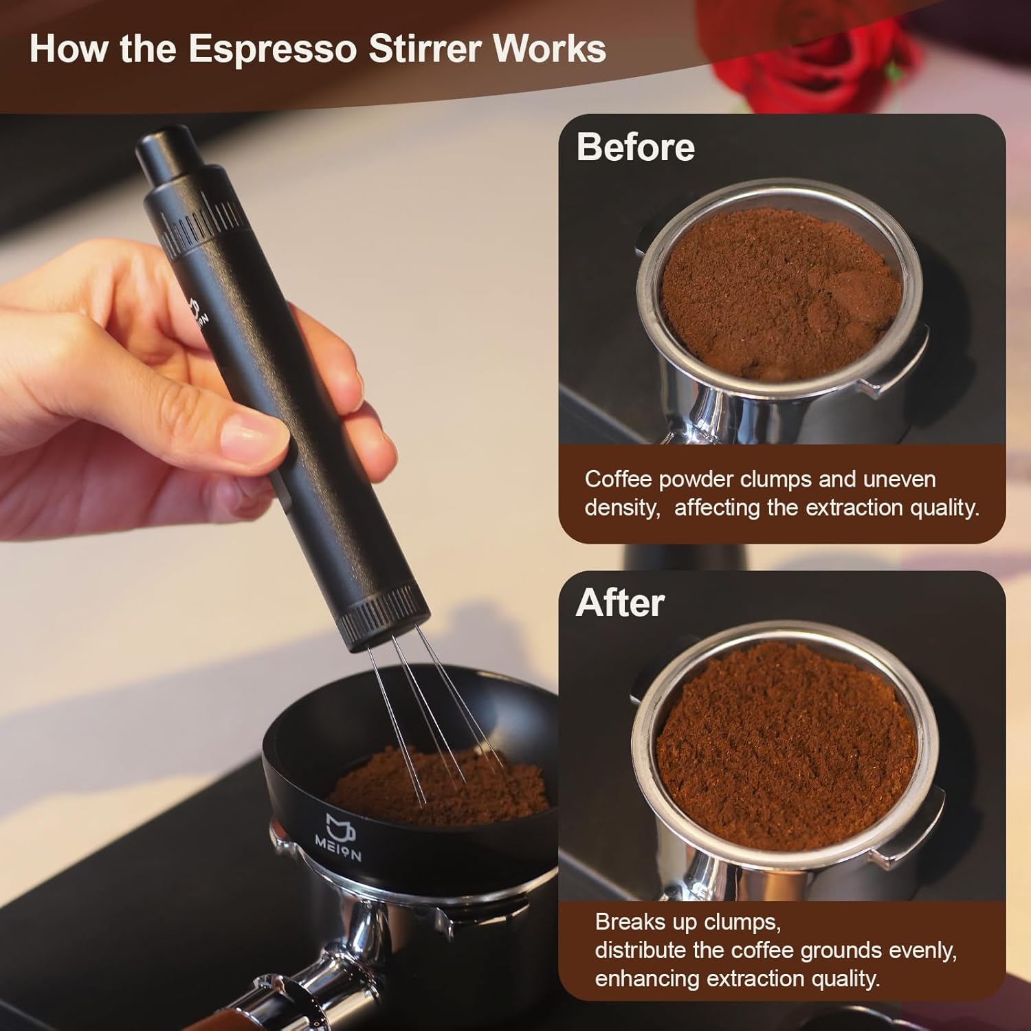 MEION Retractable WDT Espresso Distribution Tool Espresso Stirrer Tools, 0.35mm 6 Needles Coffee Distributor with Extra 6 Replaceable Needles, Espresso Machine Accessories for Barista (Black, V2)