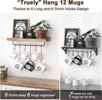 Floating Mug Racks 2 Pack - Wall Mounted Coffee Cup Holder with 12 Hooks, Mug Organizer for Kitchen, Farmhouse Coffee Bar Decor
