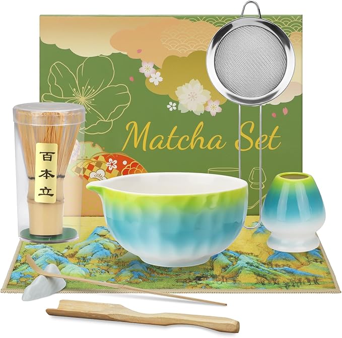 8PCS Matcha Whisk Set, Ceramic Matcha Tea Set Includes Matcha Bowl with Spout, Holder, Bamboo Whisk, Spoon, Sifter, Tea Cloth, Scoop and Scoop Stand (Hammered Gradient Green and Blue)