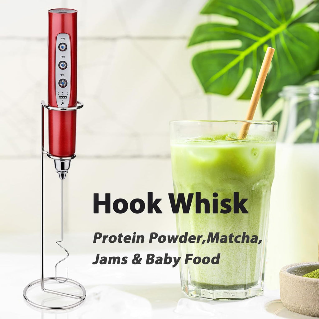 Milk Frother with Stand Rechargeable-Handheld Frother Wand with 3 Stainless Whisks 3 Speed Adjustable, Electric Whisk Drink Mixer, Foam Maker Blender for Matcha Latte Cappuccino Chocolate