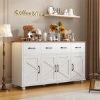 55" Sideboard Buffet Cabinet with Storage, Coffee Bar Cabinet with 3 Drawers and 4 Barn Doors, Long Storage Cabinet Modern Farmhouse, White Wood, for Kitchen, Dining Room, Living Room
