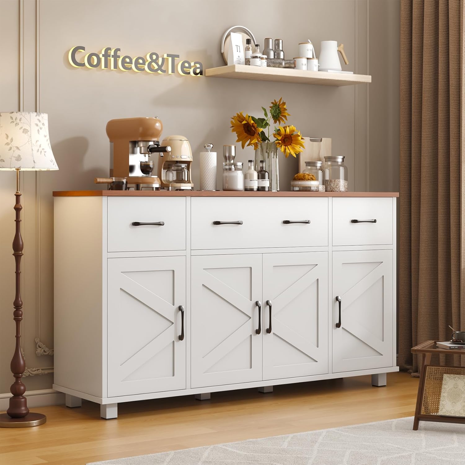 55" Sideboard Buffet Cabinet with Storage, Coffee Bar Cabinet with 3 Drawers and 4 Barn Doors, Long Storage Cabinet Modern Farmhouse, White Wood, for Kitchen, Dining Room, Living Room