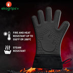 Ekogrips+ Premium Silicone Oven Mitts - Comfy, Waterproof, Heat Resistant BBQ Gloves for Grilling, Long Cuff for Added Protection, 5 Finger Dexterity, 3 Sizes, 4 Colors, S/M, Black
