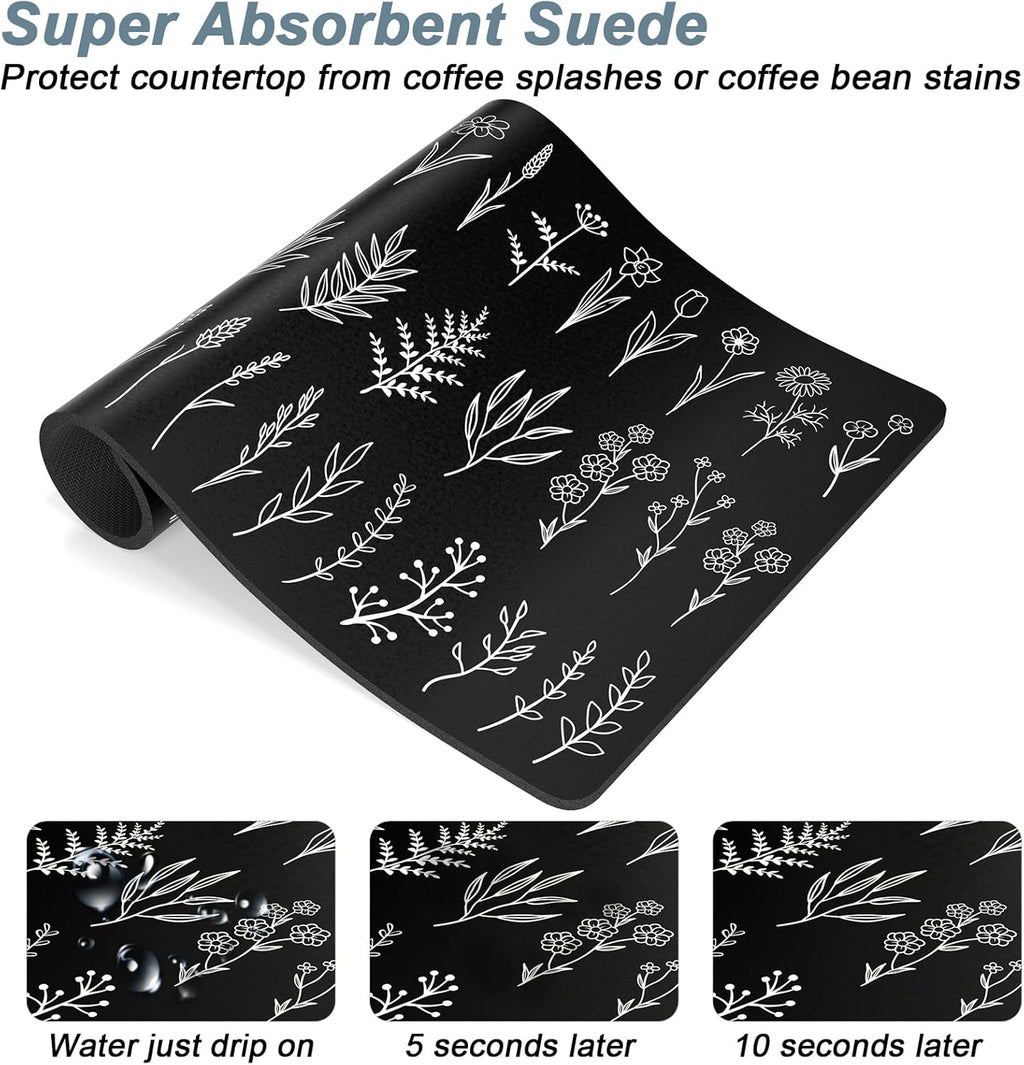 Rnivvi Coffee Mat, 12" x 19" Cute Coffee Bar Mats for Espresso Machine Station Accessories and Organizer, Hide Stain Rubber Backed Absorbent Dish Drying Pad for Kitchen Counter, Black White Leaves