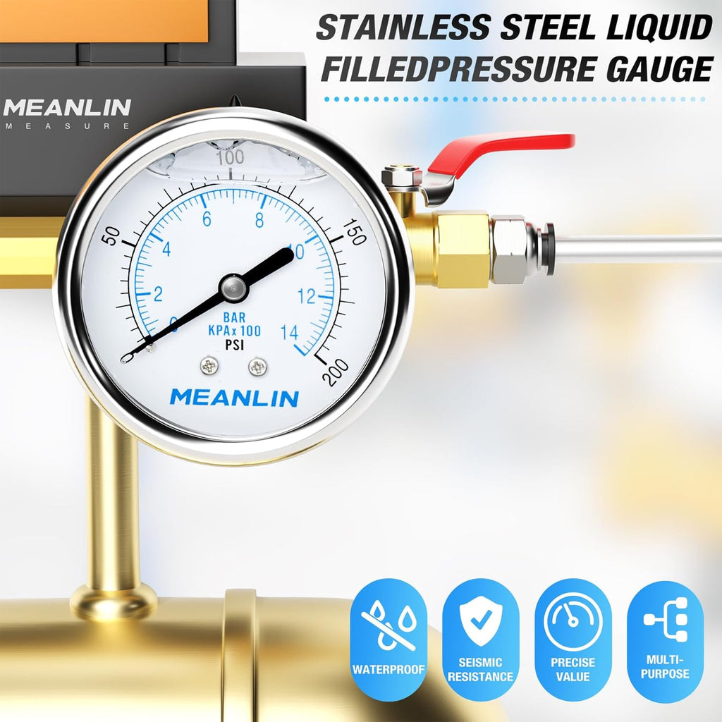 MEANLIN MEASURE 0~200Psi Liquid Filled Pressure Gauge Stainless Steel with 316 Stainless Steel Joint 1/4" NPT 2.5" FACE DIAL for Air Compressor Air Regulator Water Filter Center Back Mount
